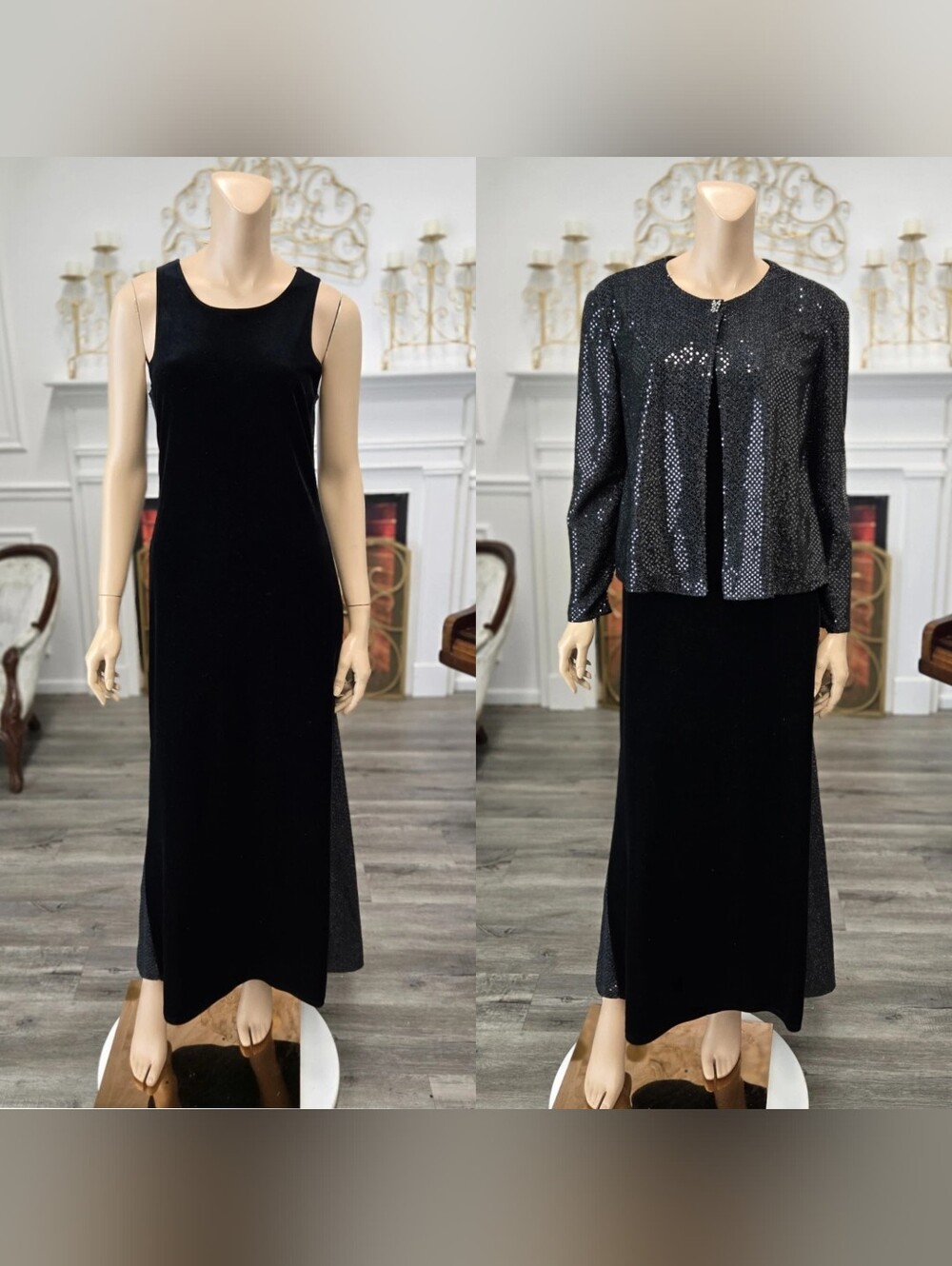 Finesse Vintage 80s 90s Black Velvet & Sequins Maxi Party Formal Dress sz M